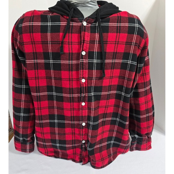PacSun Shaket w/hoodie Red and Black Plaid Flannel Men's XL Jacket button up sht - Picture 1 of 14